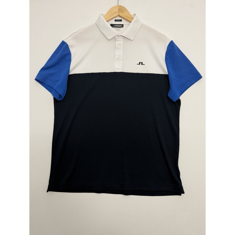 J.Lindeberg Polo Shirt Mens Large White Blue Golf Performance Golfer Regular Fit